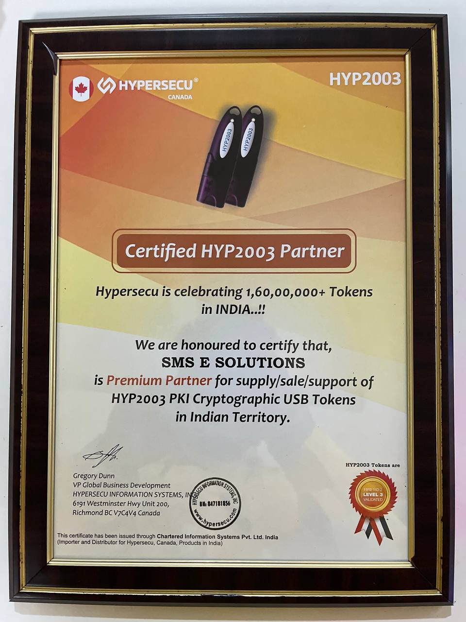 Certified HYP2003 partner certificate issued to SMS E Solutions